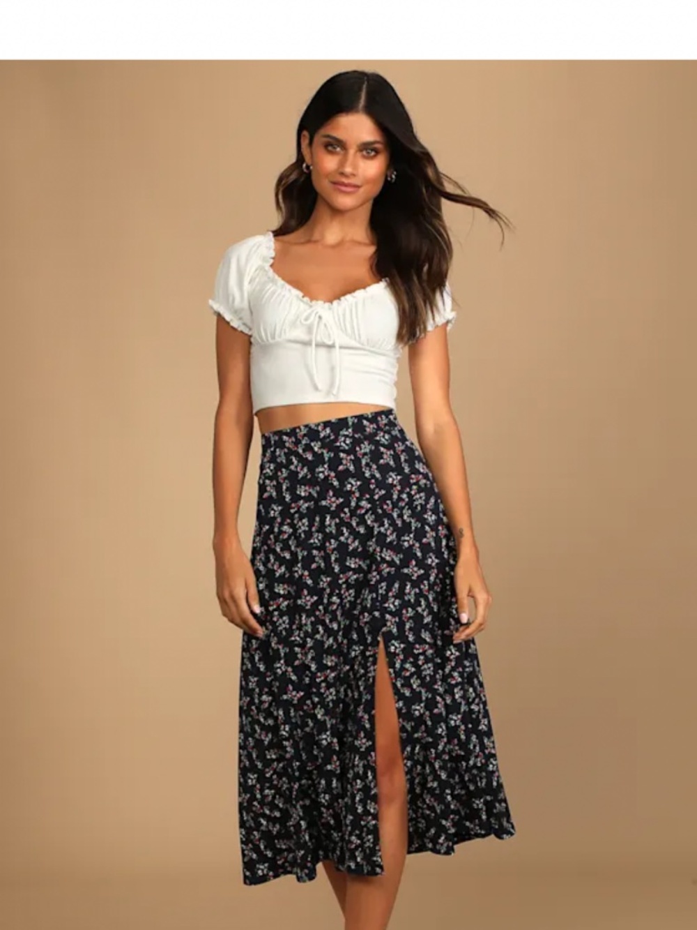 Lulu’s Bliss Me Navy Blue Floral Print Midi Skirt